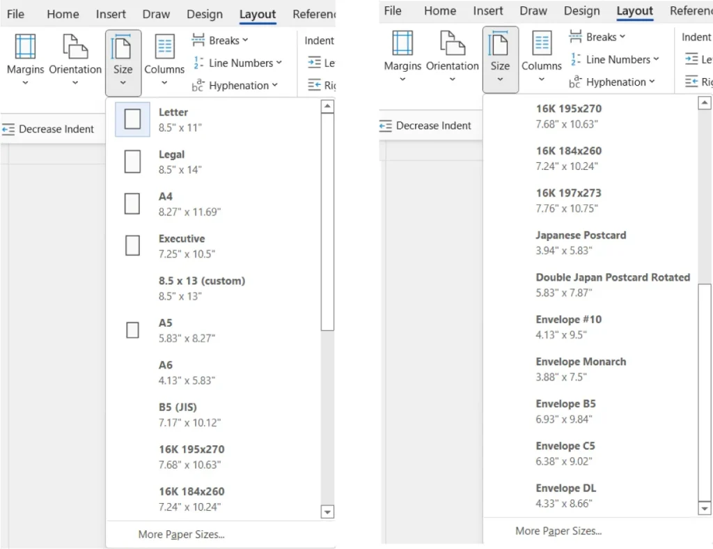 Two screenshots from a word processing software showing the "Size" dropdown menu under the "Layout" tab. The left screenshot lists paper sizes such as Letter (8.5" x 11"), Legal (8.5" x 14"), A4, Executive, A5, A6, B5 (JIS), and custom sizes like "16K 195x270" and "16K 184x260". The right screenshot continues with more options including "16K 197x273", Japanese Postcard, Double Japan Postcard Rotated, and various envelope sizes like Envelope #10, Monarch, B5, C5, and DL.