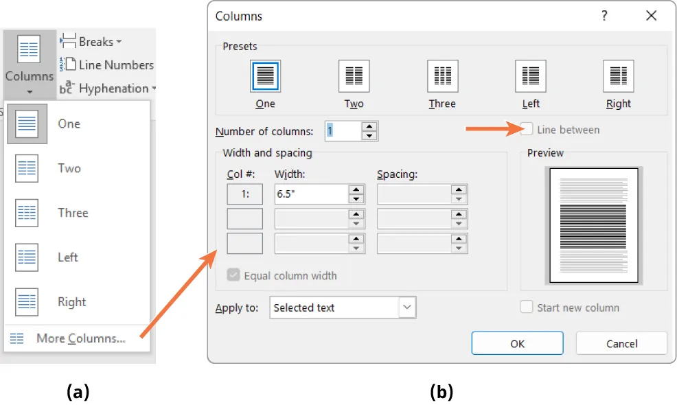 Two screenshots from a word processing software. The first shows the "Columns" dropdown menu with options for One, Two, Three, Left, Right, and More Columns. The second displays the "Columns" dialog box with presets for column layouts, settings for number of columns, width and spacing, an option for equal column width, a checkbox for "Line between," and a preview section.