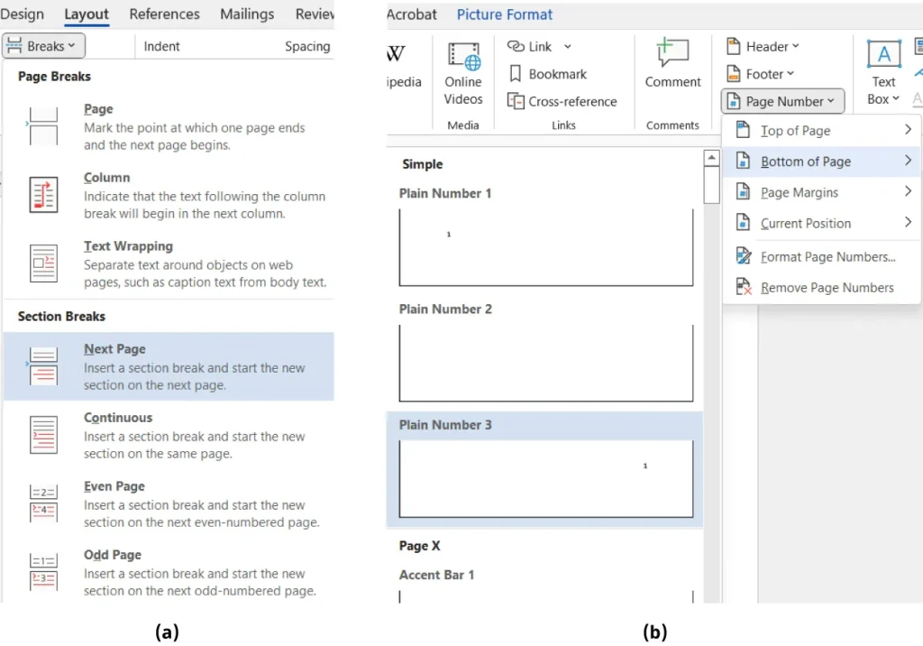 Two screenshots from a word processing software. The left screenshot shows the "Layout" tab with options for inserting breaks, including Page, Column, Text Wrapping, Next Page, Continuous, Even Page, and Odd Page. The right screenshot displays the "Insert" tab with options for adding page numbers at the Top of Page, Bottom of Page, Page Margins, Current Position, and options to format or remove page numbers.