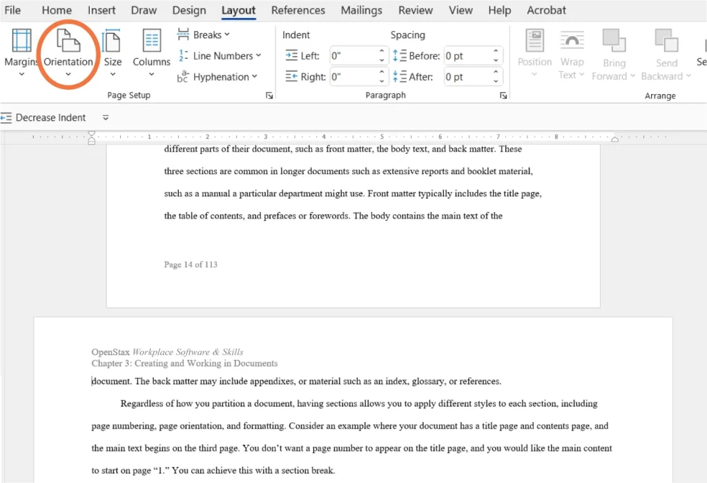 A screenshot of a Microsoft Word document with the "Layout" tab active and the "Orientation" button circled in red. The document content discusses document structure, including front matter, body text, and back matter, and explains how to use sections for applying different styles like page orientation and numbering. The visible page number is "Page 14 of 113." The content is from OpenStax Workplace Software & Skills, Chapter 3: Creating and Working in Documents.
