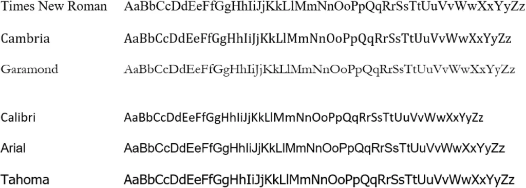 An image displaying six different font styles—Times New Roman, Cambria, Garamond, Calibri, Arial, and Tahoma. Each font is shown with its name and the full alphabet in both uppercase and lowercase letters.