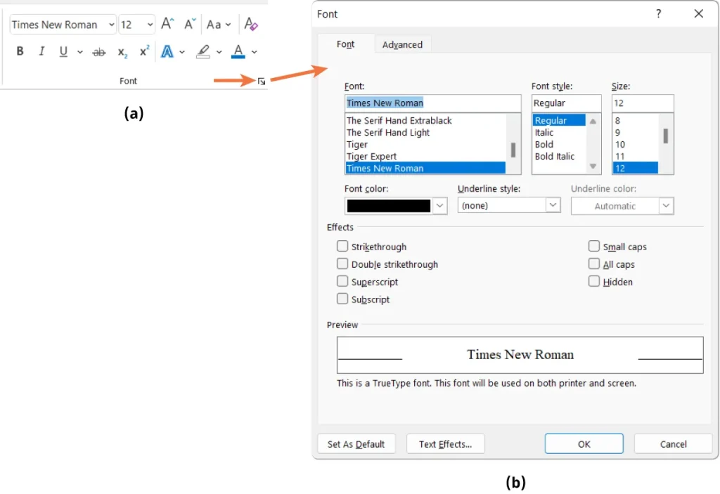 Two-part image showing font settings in a word processing software. Part (a) displays the font selection dropdown with "Times New Roman" selected and font size set to 12. An arrow points to part (b), which shows the Font dialog box with the "Font" tab active. This tab includes options for font, style, size, color, underline style, and effects like strikethrough, superscript, subscript, small caps, and all caps. A preview section at the bottom shows the selected formatting.