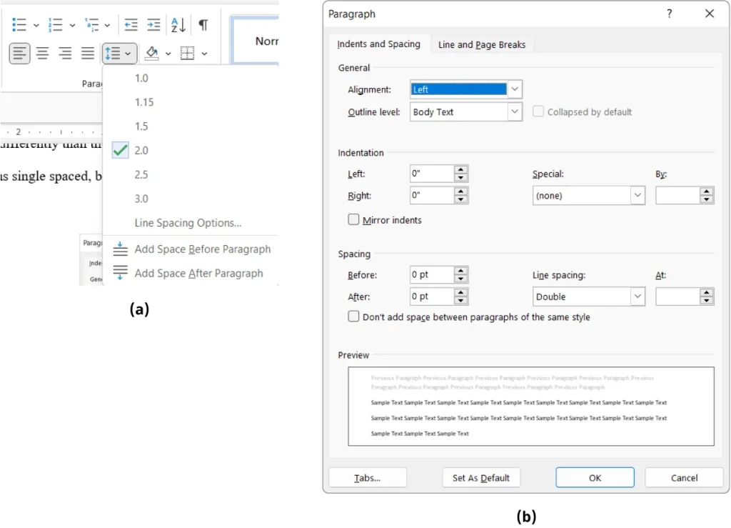Two screenshots from a word processing software. The first shows the line spacing dropdown menu with options from 1.0 to 3.0, with 2.0 selected, and additional options to add space before or after paragraphs. The second shows the "Paragraph" settings dialog box with the "Indents and Spacing" tab active, displaying alignment, outline level, indentation, spacing before and after paragraphs, line spacing set to double, and a preview section.