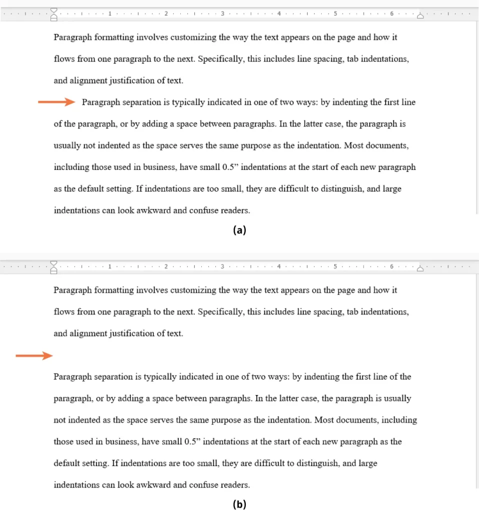 Two labeled sections, (a) and (b), each showing a paragraph about paragraph formatting. Both sections include arrows pointing to the start of the second paragraph to highlight indentation. Section (a) presents a well-formatted paragraph with proper punctuation and spacing. Section (b) shows a version with missing punctuation and spacing, making it harder to read. Both examples discuss line spacing, tab indentations, and alignment justification.