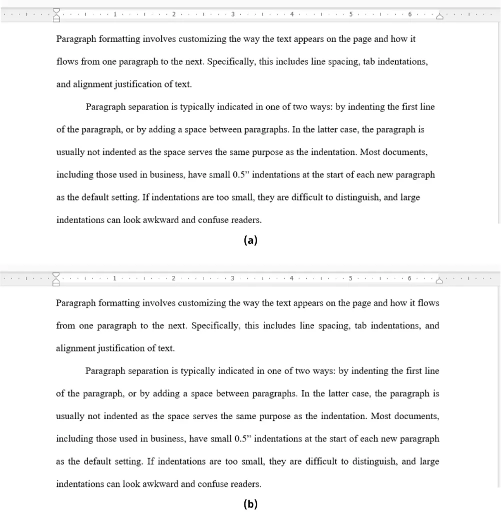 Two sections of text labeled (a) and (b), both discussing paragraph formatting. Section (a) is well-written with complete sentences and punctuation, explaining that paragraph formatting includes line spacing, tab indentations, and alignment justification. It describes paragraph separation methods such as indenting the first line or adding space between paragraphs. Section (b) presents a similar explanation but with missing punctuation and grammatical errors, making it harder to read. Both mention that most documents use 0.5" indentations by default.