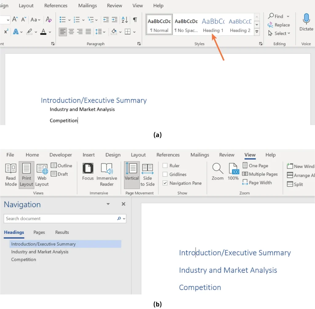 Two screenshots from Microsoft Word labeled (a) and (b). Screenshot (a) shows the document in editing mode with the "Home" tab selected. An orange arrow points to the "Heading 1" style in the Styles group. The document includes the headings "Introduction/Executive Summary," "Industry and Market Analysis," and "Competition." Screenshot (b) shows the "View" tab selected with the Navigation Pane open on the left, listing the same headings. The right side displays the document content.