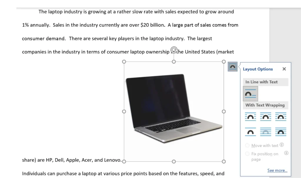 A screenshot of a document discussing the laptop industry, featuring a centered image of a laptop. The text states that the industry is growing slowly, with an expected annual growth rate of about 1%. Current sales exceed $20 billion, largely driven by consumer demand. Major companies in the market include HP, Dell, Apple, Acer, and Lenovo.