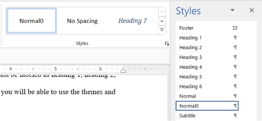 A screenshot of the "Styles" pane in a word processing software. At the top, three style options are shown: "Normal0," "No Spacing," and "Heading 7." A horizontal ruler spans from 4 to 6 inches. On the right, a list of styles includes Footer, Heading 1 through Heading 6, Normal, Normal0 (highlighted), and Subtitle. A portion of a document with text is visible in the bottom left corner.