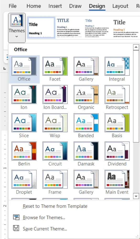 A screenshot of the "Design" tab in Microsoft PowerPoint, highlighting the "Themes" section. Multiple theme thumbnails are visible, including Office, Facet, Gallery, Integral, Ion, Ion Boardroom, Organic, Retrospect, Slice, Wisp, Banded, Basis, Berlin, Circuit, Damask, Dividend, Droplet, Frame, and Main Event. Each theme preview shows distinct color schemes and font styles. Options at the bottom allow users to reset to the theme from a template, browse for themes, or save the current theme.