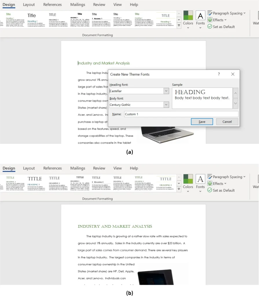 Two screenshots from a word processing software. Screenshot (a) shows the "Create New Theme Fonts" dialog box with dropdowns for selecting heading and body fonts, and a preview of sample text. The document in the background is titled "Industry and Market Analysis" and includes text about the laptop industry's growth and major companies. Screenshot (b) shows the same document without the dialog box, with the title in uppercase and the same body text discussing market growth and key players like HP, Dell, Apple, Acer, and Lenovo.