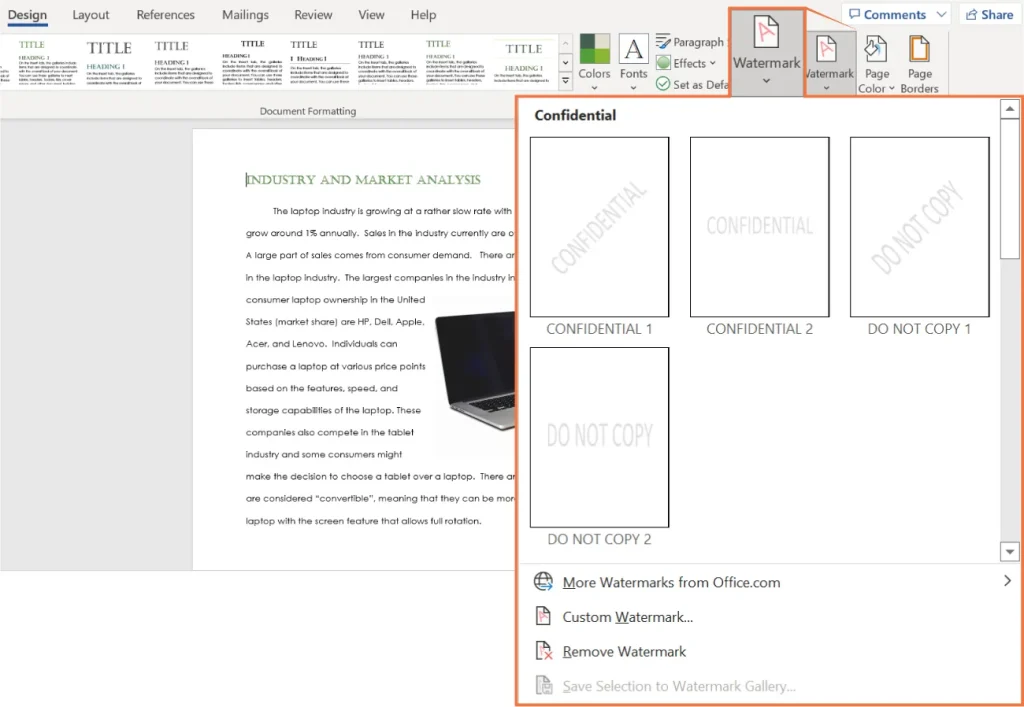 A screenshot of a Microsoft Word document open to the Design tab, displaying watermark options. The document on the left is titled "Industry and Market Analysis" and discusses the laptop industry. On the right, a dropdown menu shows watermark choices including "Confidential," "CONFIDENTIAL 1," "CONFIDENTIAL 2," "DO NOT COPY 1," and "DO NOT COPY 2," along with options to get more watermarks from Office.com, create a custom watermark, remove a watermark, or save a selection to the watermark gallery.