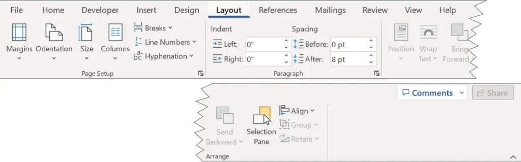 Close up of the 'Layout' tab on the Microsoft Word ribbon