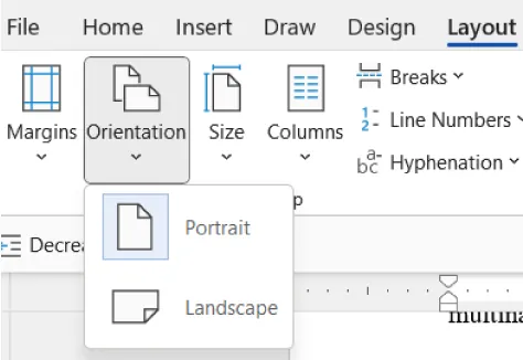 A screenshot of the "Layout" tab in a word processing software. Visible options include Margins, Orientation, Size, Columns, Breaks, Line Numbers, and Hyphenation. The Orientation dropdown is expanded, displaying two options: Portrait and Landscape.