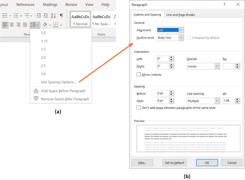 Two screenshots from a word processing software. The first shows the "Line Spacing Options" dropdown menu with choices like 1.0, 1.15, 1.5, 2.0, and options to add or remove space before or after paragraphs. The second displays the "Paragraph" settings dialog box with formatting options including left alignment, body text outline level, indentation settings, spacing before and after paragraphs (0 pt and 8 pt), line spacing set to Multiple at 1.08, and a preview section.