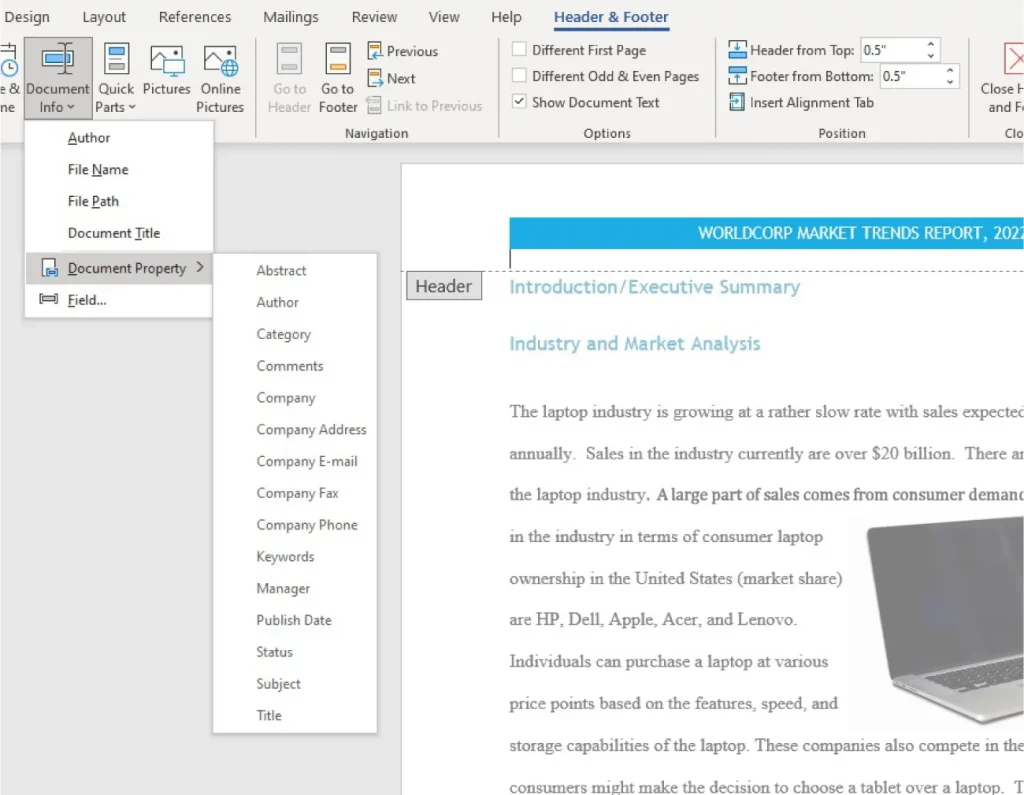 Screenshot of a Microsoft Word document with the "Header & Footer" tab open. The document is titled "WORLD CORP MARKET TRENDS REPORT 2023" and includes sections labeled "Introduction/Executive Summary" and "Industry and Market Analysis." A dropdown menu under "Document Property" is visible, listing metadata fields such as Abstract, Author, Company, Manager, and Publish Date. The document text discusses the slow growth of the laptop industry, major market players, and consumer demand trends.