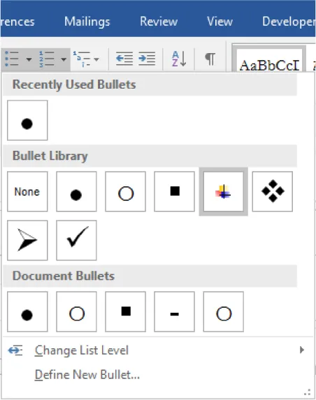 Screenshot of a word processing software showing the bullet point options menu. The menu includes sections labeled "Recently Used Bullets," "Bullet Library," and "Document Bullets," featuring symbols like circles, squares, arrows, check marks, and custom icons. Additional options allow users to change the list level or define a new bullet.