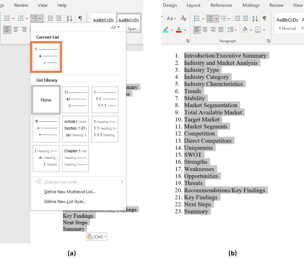 Two screenshots from a word processing document. The left screenshot (a) shows the "Multilevel List" options in Microsoft Word, with a numbered and indented list style highlighted. The right screenshot (b) displays a numbered list of 23 items related to market analysis and industry characteristics, including sections such as "Introduction/Executive Summary," "Industry and Market Analysis," "SWOT," "Recommendations/Key Findings," and "Summary."