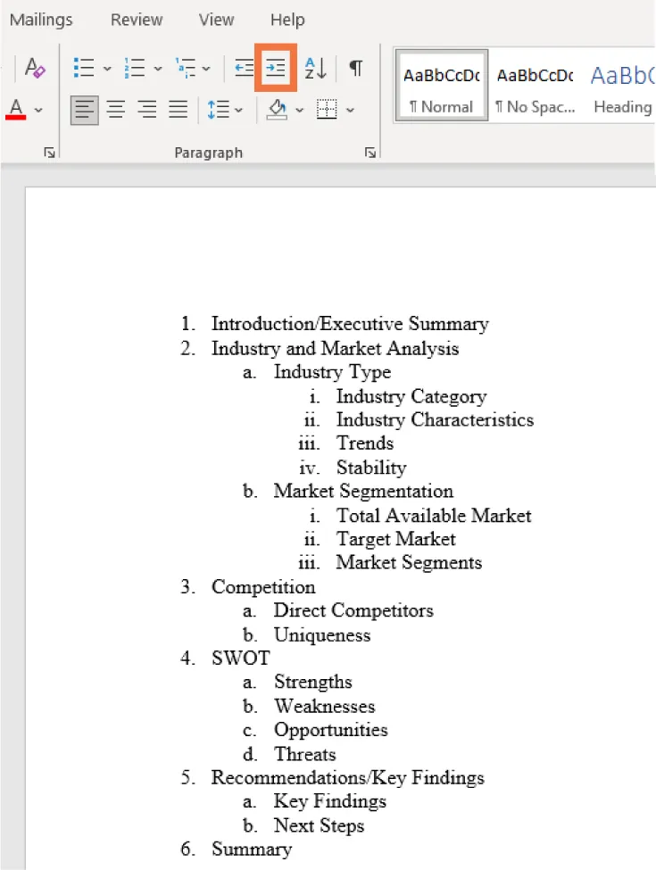 Screenshot of a Microsoft Word document displaying a table of contents for a business report. The sections include "Introduction/Executive Summary," "Industry and Market Analysis" with subtopics like "Industry Type," "Trends," and "Market Segmentation," followed by "Competition," "SWOT," "Recommendations/Key Findings," and "Summary." Each main heading includes detailed subheadings outlining the structure of the report.