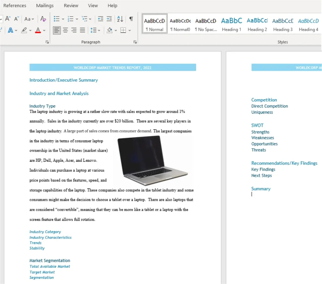 Screenshot of a Microsoft Word document displaying a table of contents for a business report. The sections include "Introduction/Executive Summary," "Industry and Market Analysis" with subtopics like "Industry Type," "Trends," and "Market Segmentation," followed by "Competition," "SWOT," "Recommendations/Key Findings," and "Summary." Each main heading includes detailed subheadings outlining the structure of the report.