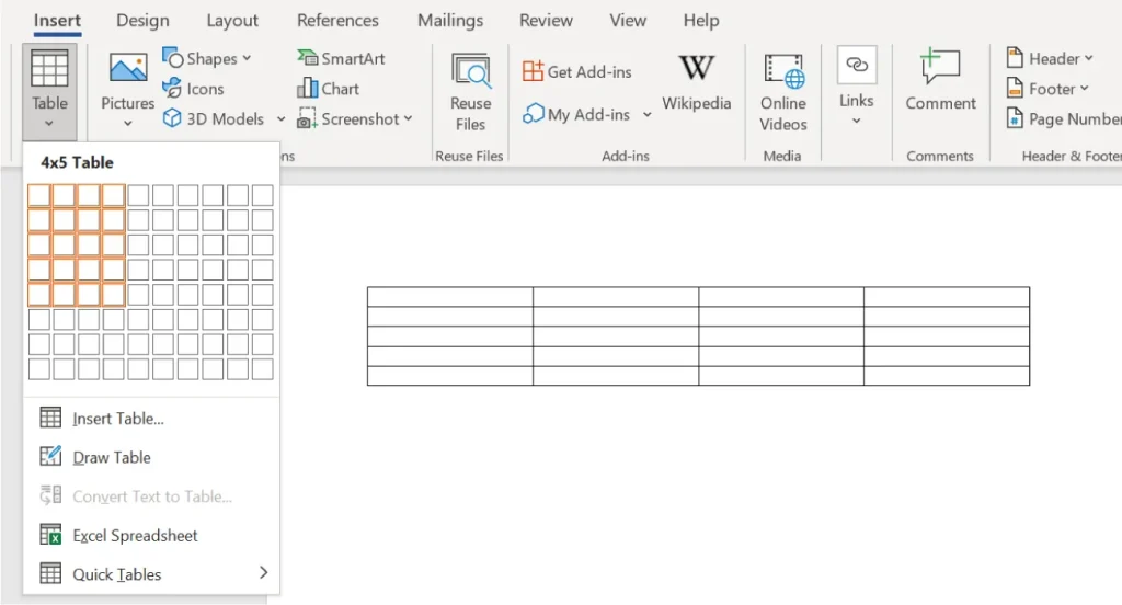Screenshot of Microsoft Word with the 'Insert' tab selected. The 'Table' dropdown menu is open, highlighting a 4x5 table in orange. Options below include 'Insert Table...', 'Draw Table', 'Convert Text to Table...', 'Excel Spreadsheet', and 'Quick Tables'. A 4x5 empty table is inserted in the document area.