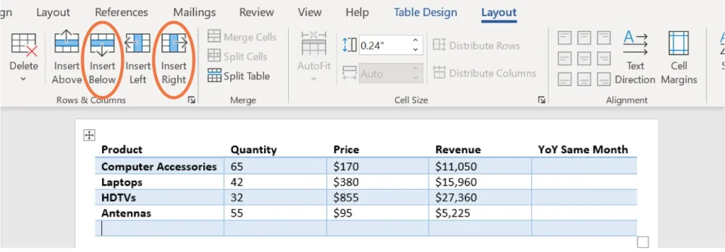 Screenshot of Microsoft Word with the 'Layout' tab selected. A table is displayed with columns labeled.