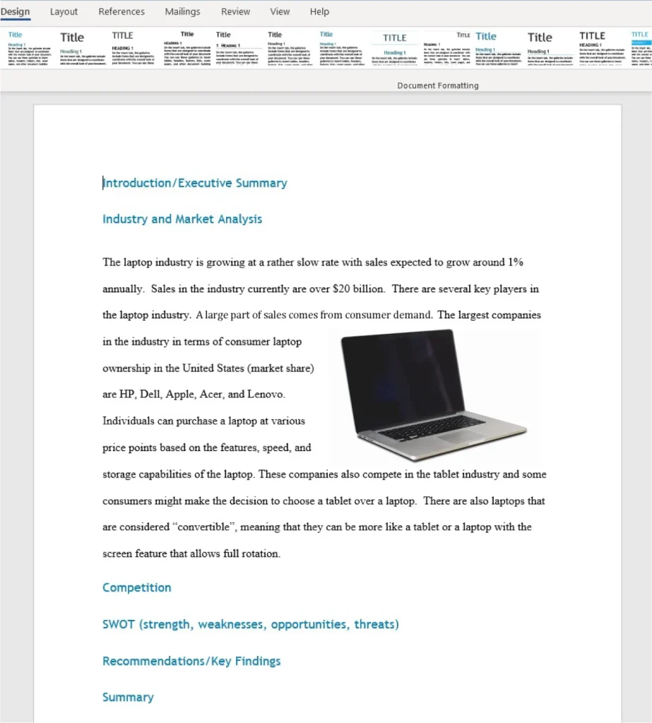 Themed Word document showing headings for each section.