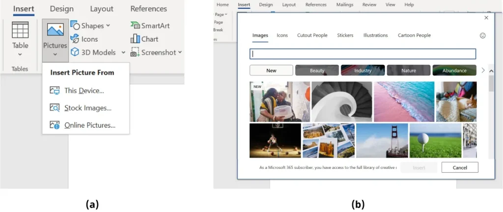 "Split image labeled (a) and (b). Part (a) shows Microsoft Word's 'Insert' tab with the 'Pictures' dropdown menu expanded, offering options: 'This Device,' 'Stock Images,' and 'Online Pictures.' Part (b) displays the 'Online Pictures' interface with categories like Images, Icons, Cutout People, Stickers, Illustrations, and Cartoon People. A blank search bar appears above thumbnail images grouped under categories such as Beauty, Industry, Nature, and Abundance.