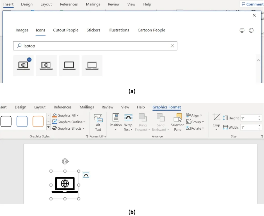 Two screenshots from a software interface. In the first (a), the 'Icons' tab is selected with a search for 'laptop' showing four laptop icons. In the second (b), the 'Graphics Format' tab is open with formatting options for a selected icon of a laptop displaying a globe, surrounded by resizing handles.