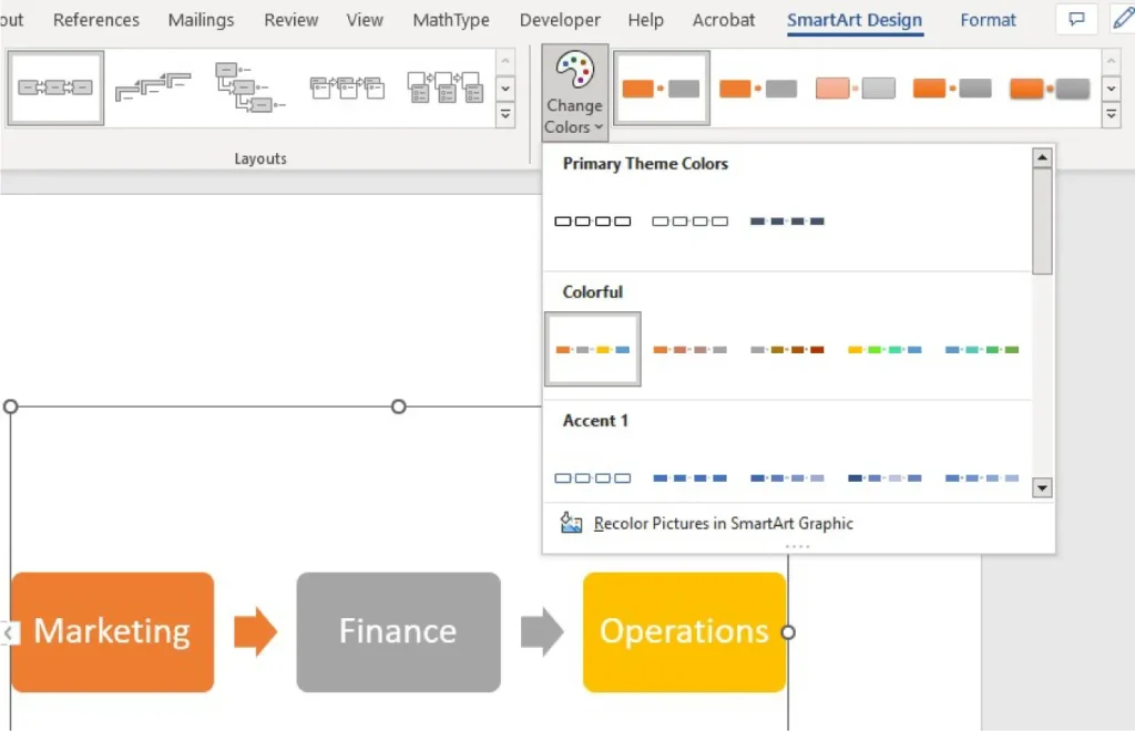 Screenshot of a Microsoft Office application with the "SmartArt Design" tab selected. A flowchart is displayed with three colored blocks labeled "Marketing" (orange), "Finance" (gray), and "Operations" (yellow). The "Change Colors" dropdown menu is open, showing color scheme options under categories like Primary Theme Colors, Colorful, and Accent 1.