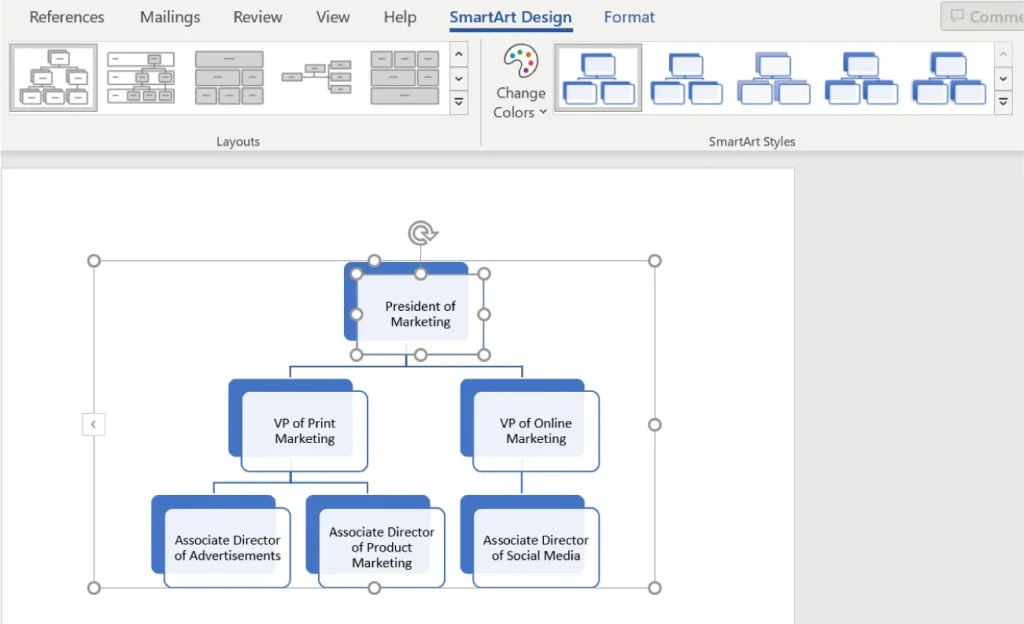 Screenshot of a Microsoft Word document displaying an organizational chart for a marketing department, created using SmartArt. The chart shows a hierarchy with "President of Marketing" at the top, branching into "VP of Print Marketing" and "VP of Online Marketing." Under "VP of Print Marketing" are "Associate Director of Advertisements" and "Associate Director of Product Marketing." Under "VP of Online Marketing" is "Associate Director of Social Media." The "SmartArt Design" tab is selected in the ribbon.