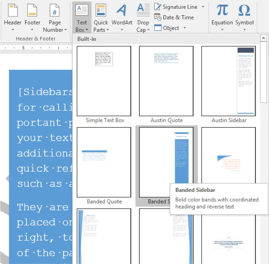 Screenshot of a Microsoft Word document with the "Insert" tab selected, displaying built-in "Text Box" style options. Styles include Simple Text Box, Austin Quote, Austin Sidebar, Banded Quote, and Banded Sidebar. The cursor is hovering over "Banded Sidebar," showing a tooltip that reads: "Bold color bands with coordinated heading and reverse text." A portion of the document with blue sidebar text is visible on the left.