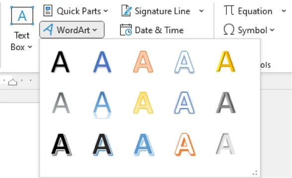 Screenshot of Microsoft Word showing the WordArt options menu. Fifteen different stylized versions of the letter "A" are displayed, featuring various colors and effects such as black with a white outline, blue gradient, orange gradient, and yellow with a shadow. Above the WordArt gallery are menu items including "Quick Parts," "Signature Line," "Equation," and "Symbol."
