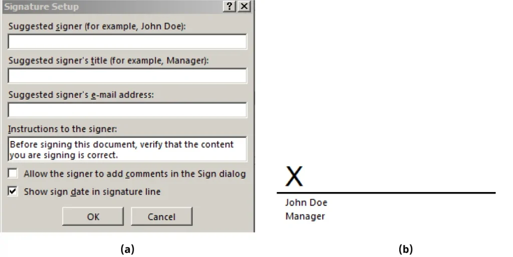 Two-part image showing the digital signature setup process in Microsoft Word. (a) Displays the "Signature Setup" dialog box with fields for "Suggested signer," "Suggested signer's title," and "Suggested signer's e-mail address." It includes signer instructions and two checkboxes: one to allow comments and another to show the sign date. "OK" and "Cancel" buttons are at the bottom. (b) Shows a signature line with an 'X' indicating where to sign, followed by the name "John Doe" and the title "Manager."