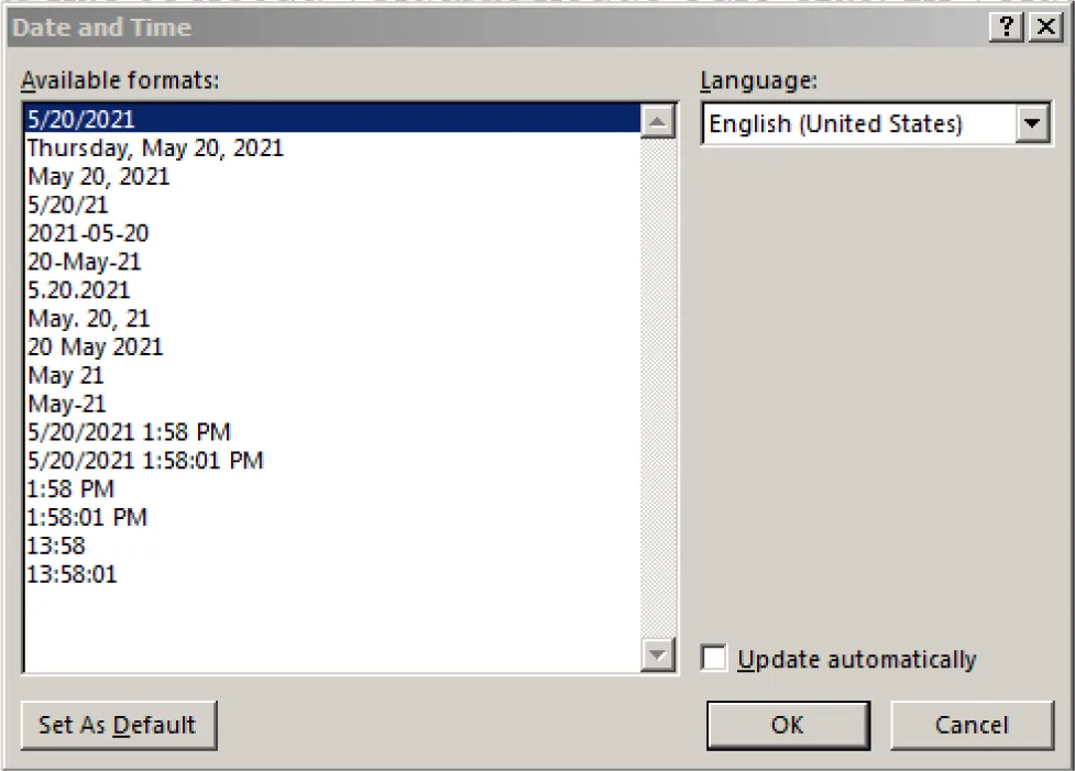 Screenshot of the "Date and Time" settings window. It displays a list of available date and time formats, with "5/20/2021" highlighted. A language dropdown on the right is set to "English (United States)." Below are buttons labeled "Set As Default," "OK," and "Cancel," and an unchecked checkbox labeled "Update automatically."