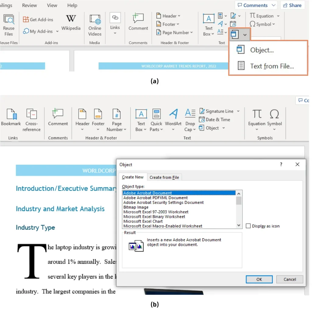 Two-part screenshot from Microsoft Word. (a) Shows the "Insert" tab with the "Object" and "Text from File..." options highlighted. (b) Displays a Word document with the "Insert Object" dialog box open, listing object types like Adobe Acrobat Document, Bitmap Image, and Microsoft Excel Worksheet. The document includes headings such as "Introduction/Executive Summary," "Industry and Market Analysis," and "Industry Type."