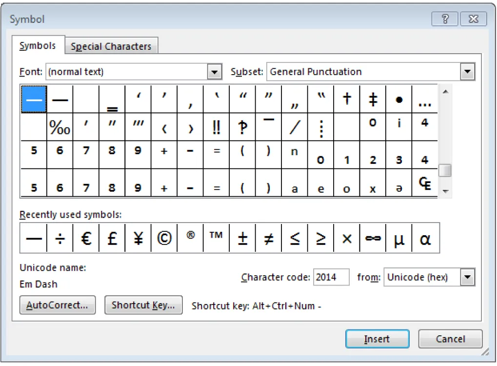 Screenshot of the "Symbol" dialog box in a word processing application. The "Symbols" tab is selected, with dropdowns showing the font as "(normal text)" and the subset as "General Punctuation." A grid displays various symbols including punctuation and mathematical characters. A "Recently used symbols" section below shows symbols like €, £, ¥, ©, ™, ±, ≤, and ≥. The selected symbol is "Em Dash" with character code 2014 from Unicode (hex). Buttons at the bottom include AutoCorrect..., Shortcut Key..., Insert, and Cancel.