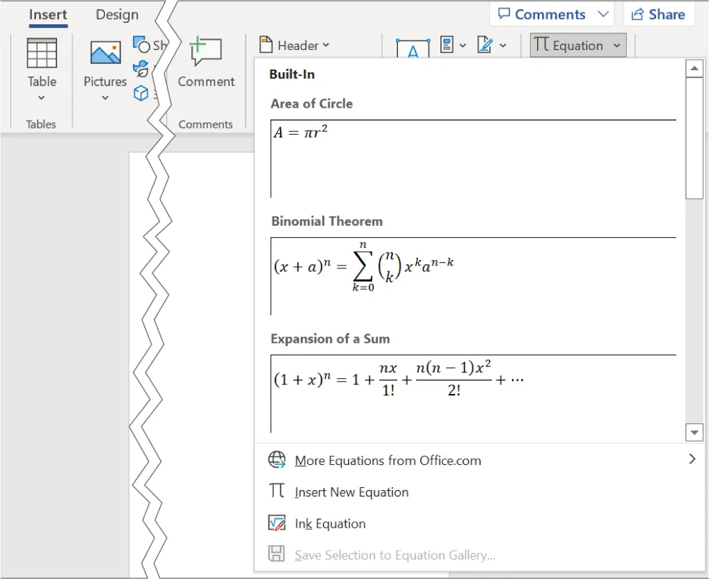 Screenshot of a Microsoft Word document with the "Insert" tab selected. The toolbar shows options for inserting tables, pictures, comments, and equations. The equations section displays three built-in formulas