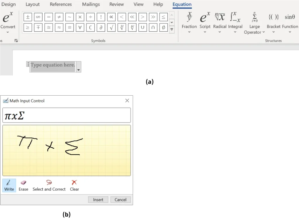Two-part image showing equation input tools in a word processing application. (a) Displays the equation editor toolbar with options for inserting mathematical symbols and structures, including fractions, scripts, radicals, integrals, large operators, brackets, and functions. (b) Shows the Math Input Control window with handwritten input of the equation