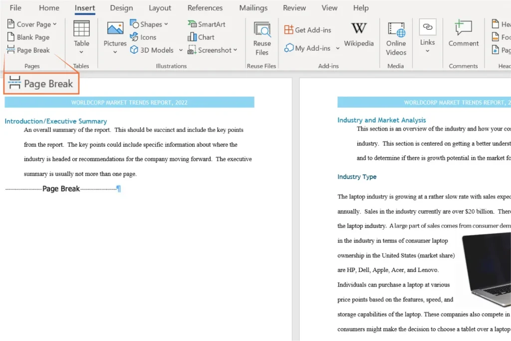 Screenshot of a two-page Microsoft Word document titled "WORLD CORP MARKET TRENDS REPORT, 2022." The first page features the heading "Introduction/Executive Summary" with guidance text on summarizing key points and recommendations. A "Page Break" line separates the pages. The second page is titled "Industry and Market Analysis" and includes a subheading "Industry Type" with text discussing the slow growth of the laptop industry, its $200 billion market size, and major competitors such as HP, Dell, Apple, Acer, and Lenovo.