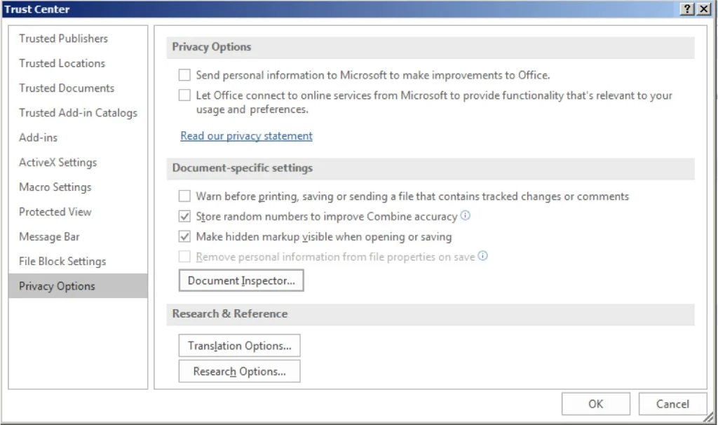 A screenshot of the Trust Center settings in Microsoft Office. The left panel lists categories like Trusted Publishers, Trusted Locations, Add-ins, Macro Settings, Protected View, and Privacy Options. The right panel displays Privacy Options with checkboxes for sending personal information to Microsoft and allowing Office to connect to online services. Document-specific settings include warnings for printing or saving files with tracked changes, storing random numbers to improve Combine accuracy, and making hidden markup visible. Buttons for Document Inspector, Translation Options, and Research Options appear at the bottom, along with OK and Cancel buttons.
