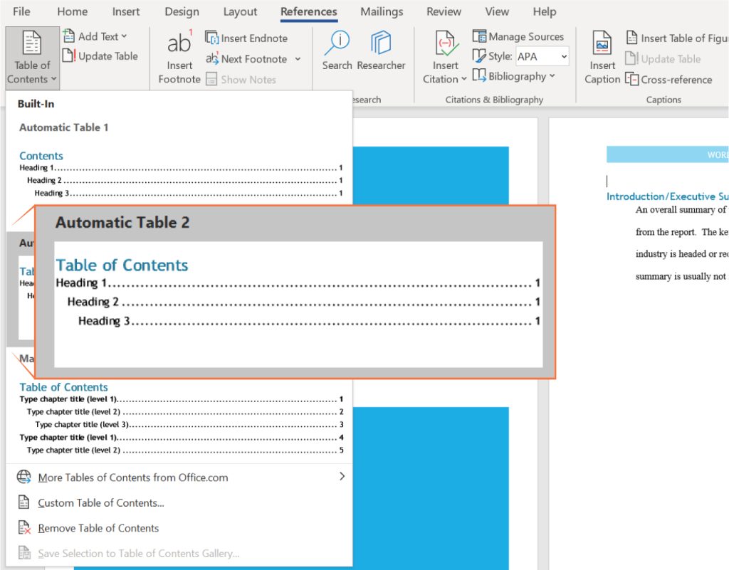 A screenshot of the 'References' tab in Microsoft Word, highlighting the 'Table of Contents' section. The 'Automatic Table 2' option is selected, showing a sample table of contents with three entries—Heading 1, Heading 2, and Heading 3—all listed on page 1. Part of the document on the right displays an introduction or executive summary section.