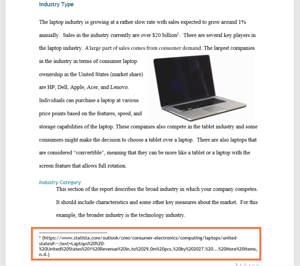 A screenshot of a document discussing the laptop industry. It includes sections titled 'Industry Type' and 'Industry Category.' The 'Industry Type' section describes the industry's slow growth rate, with annual sales growth around 1% and current sales over $20 billion. It lists major companies like HP, Dell, Apple, Acer, and Lenovo, and mentions consumer purchasing factors and competition from tablets and convertible laptops. The 'Industry Category' section outlines the broader technology industry. An image of an open laptop appears on the right side of the text.