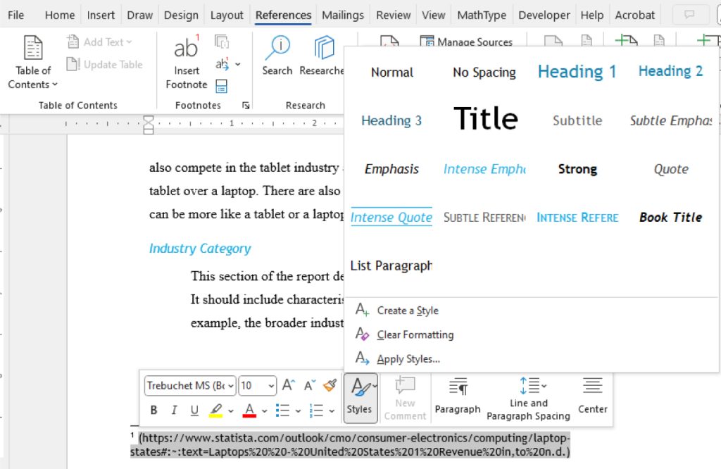 A screenshot of a Microsoft Word document with the 'References' tab selected. The document discusses the tablet industry and industry categories. On the right side, the Styles pane is open, displaying formatting options like 'Heading 1,' 'Heading 2,' and 'Title.' At the bottom, the font dropdown shows 'Trebuchet MS' with a font size of 10.
