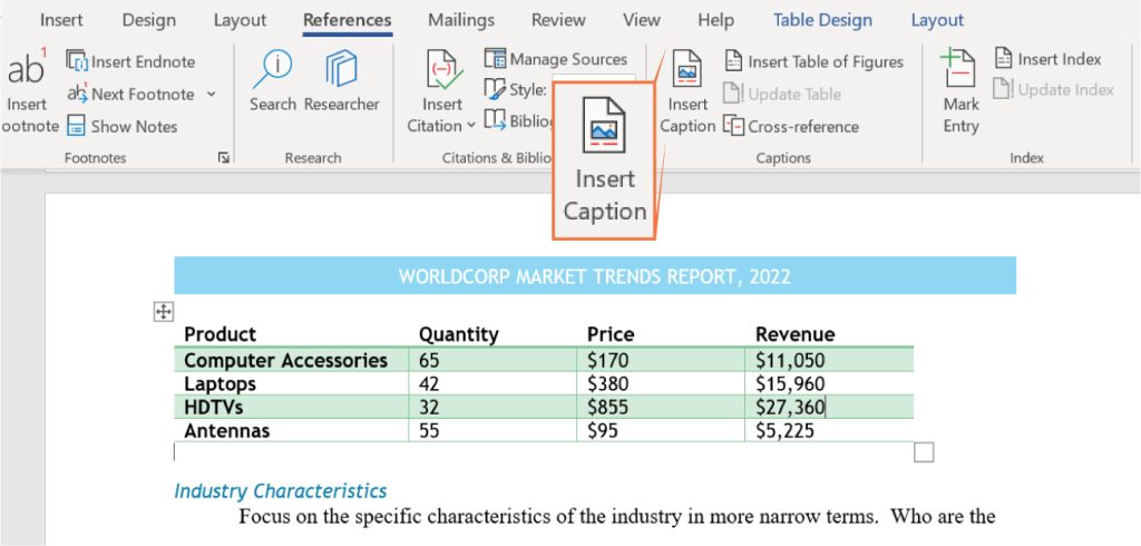 A screenshot of a Microsoft Word document with the 'References' tab selected. The option to insert captions is highlighted