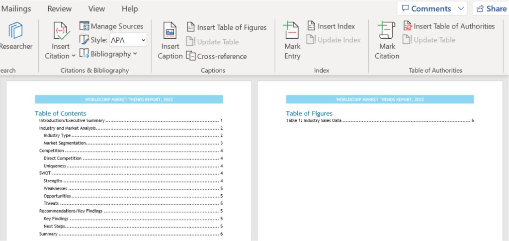 A screenshot of a document editing software displaying two pages from the 'WorldCorp Market Trends Report, 2022.' The first page shows the Table of Contents with sections including Introduction/Executive Summary, Industry and Market Analysis, Industry Type, Market Segmentation, Competition, SWOT, Recommendations/Key Findings, and Summary. The second page displays the Table of Figures, listing one entry: 'Table 1: Industry Sales Data' on page 5.