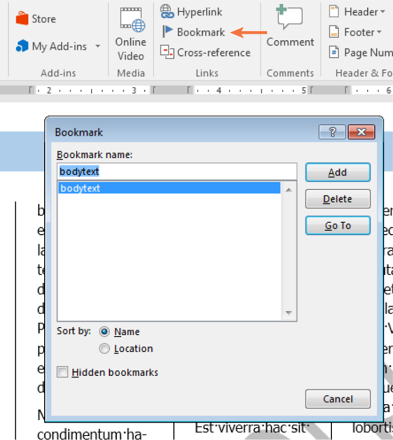 A screenshot of a Microsoft Word document with the 'Bookmark' dialog box open, listing a bookmark named 'bodytext'. The Word ribbon at the top displays options such as 'Hyperlink', 'Bookmark', and 'Cross-reference'. An orange arrow points to the 'Bookmark' option in the ribbon.