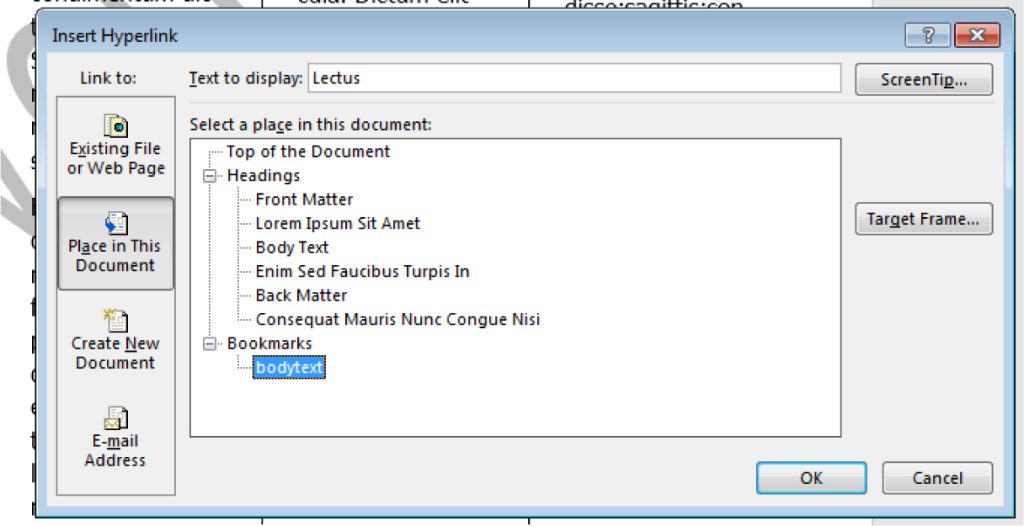 A screenshot of the 'Insert Hyperlink' dialog box in a document editing software. The 'Place in This Document' option is selected, displaying a list of headings such as 'Front Matter,' 'Lorem Ipsum Sit Amet,' 'Body Text,' 'Enim Sed Faucibus Turpis In,' 'Back Matter,' and 'Consequat Mauris Nunc Congue Nisi.' One bookmark named 'bodytext' is also listed. The hyperlink text is set to 'Lectus.' Buttons for ScreenTip, Target Frame, OK, and Cancel are visible.