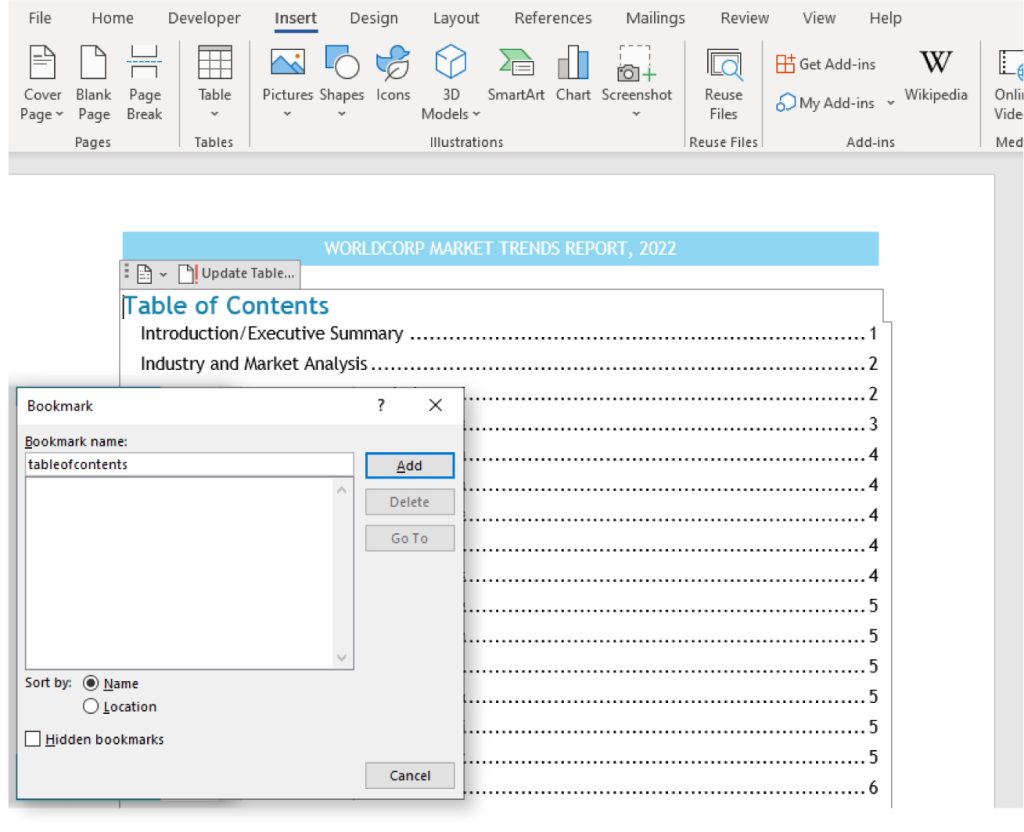A screenshot of a Microsoft Word document titled 'WORLD CORP MARKET TRENDS REPORT, 2022' displaying the Table of Contents. The entries include 'Introduction/Executive Summary' on page 1 and 'Industry and Market Analysis' on page 2. A 'Bookmark' dialog box is open, showing a bookmark named 'tableofcontents' with options to add, delete, or go to the bookmark. The Word ribbon is visible with tabs such as File, Home, Insert, Design, Layout, References, Mailings, Review, View, and Help.