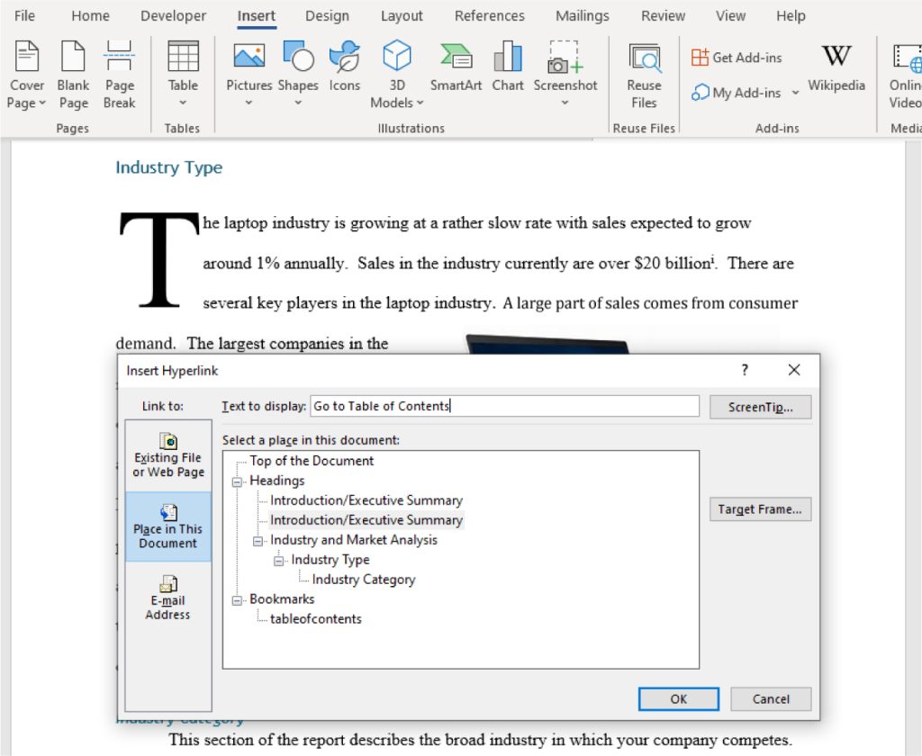 A screenshot of a Microsoft Word document titled 'Industry Type' discussing the laptop industry's slow growth rate, sales figures, and major companies. The 'Insert Hyperlink' dialog box is open, showing options to link to sections within the document such as 'Introduction/Executive Summary,' 'Industry and Market Analysis,' and a bookmark labeled 'tableofcontents.' The hyperlink text is set to 'Go to Table of Contents.