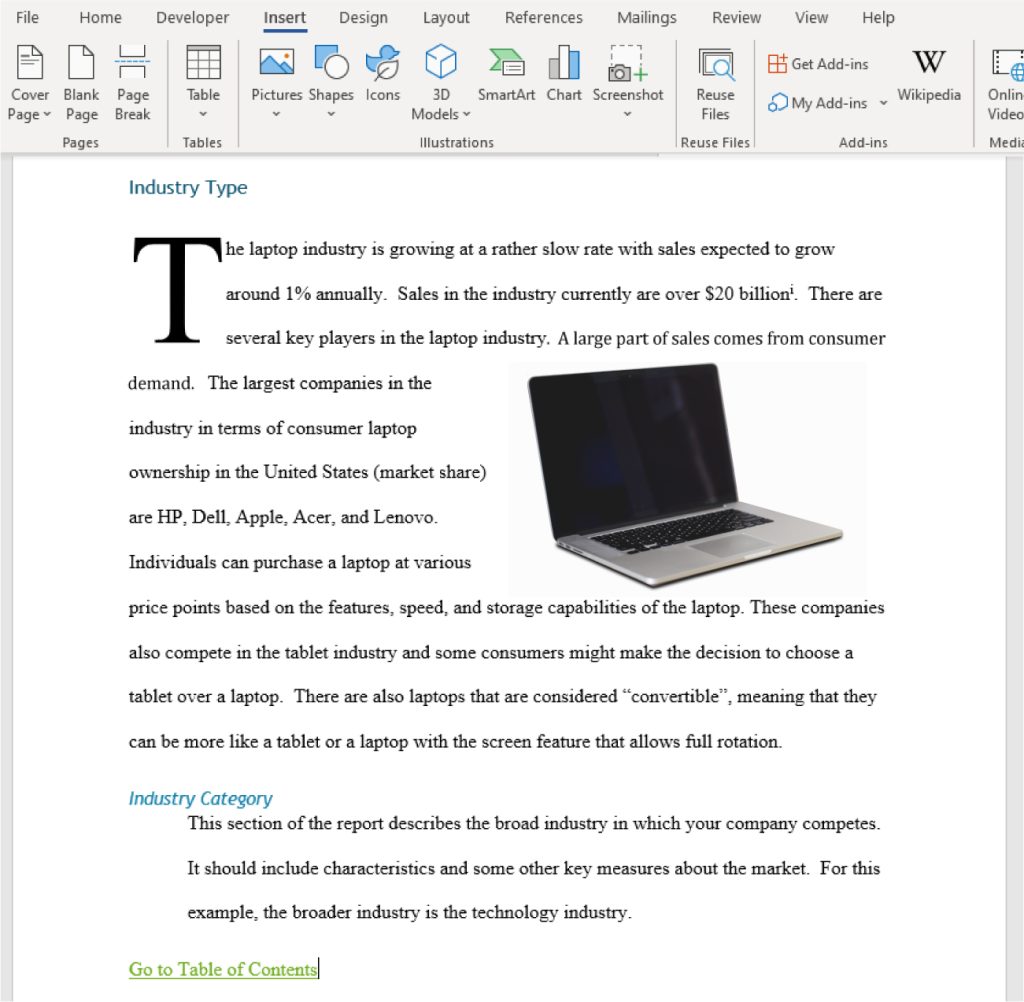 Document with a hyperlink that is titled Go to Table on Contents